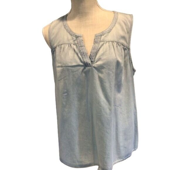 New Direction Top Sleeveless Jean Shirt Demin V Neck Casual Blue Beach Sz L New - Picture 1 of 6